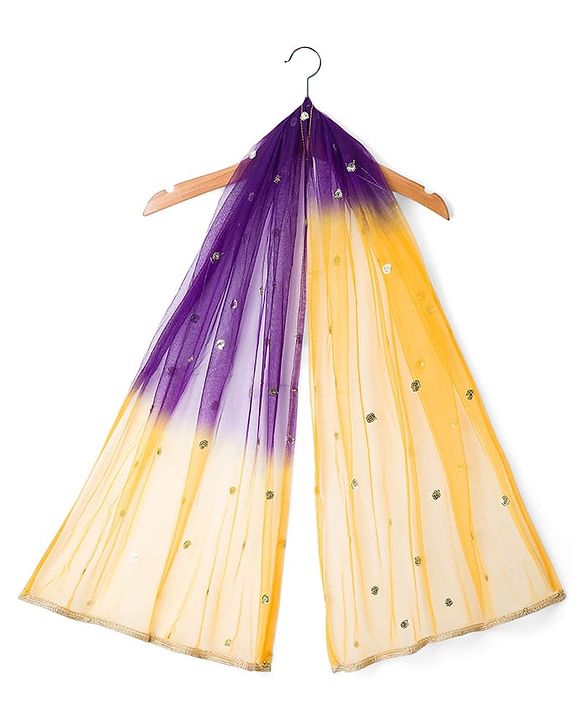Babyhug Net Woven Half Sleeves Net Embroidered Choli Lehenga & Dupatta Set With Sequin Detailing - Purple & Yellow