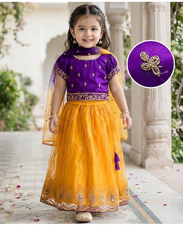 Babyhug Net Woven Half Sleeves Net Embroidered Choli Lehenga & Dupatta Set With Sequin Detailing - Purple & Yellow