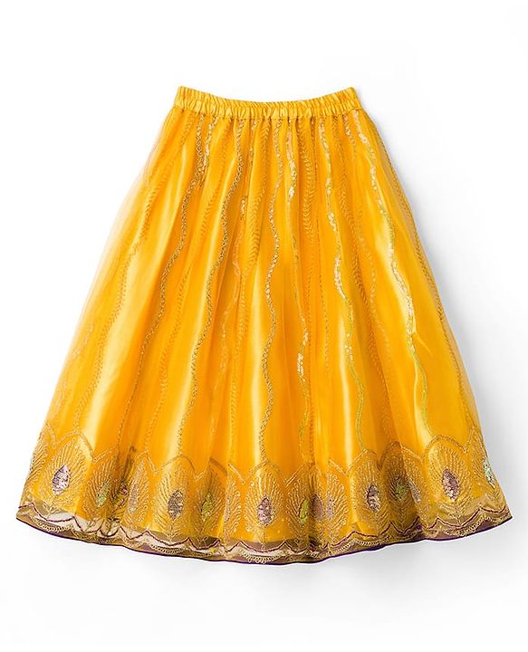 Babyhug Net Woven Half Sleeves Net Embroidered Choli Lehenga & Dupatta Set With Sequin Detailing - Purple & Yellow