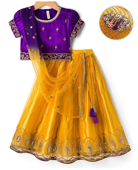 Babyhug Net Woven Half Sleeves Net Embroidered Choli Lehenga & Dupatta Set With Sequin Detailing - Purple & Yellow