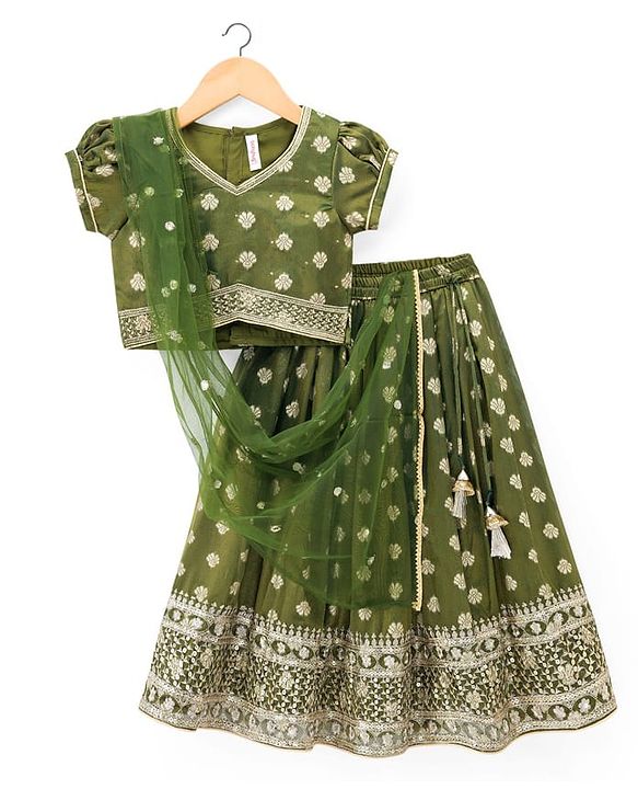 Babyhug Brocade Woven Half Puffed Sleeves Choli Lehenga with Dupatta Embroidery & Sequin Detailing - Green