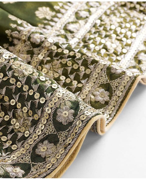 Babyhug Brocade Woven Half Puffed Sleeves Choli Lehenga with Dupatta Embroidery & Sequin Detailing - Green
