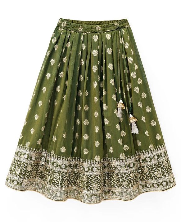 Babyhug Brocade Woven Half Puffed Sleeves Choli Lehenga with Dupatta Embroidery & Sequin Detailing - Green