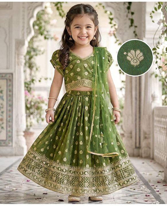 Babyhug Brocade Woven Half Puffed Sleeves Choli Lehenga with Dupatta Embroidery & Sequin Detailing - Green