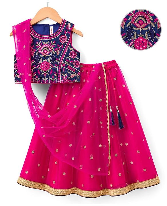 Babyhug Woven Sleeveless Embroidered Choli Lehenga Set with Dupatta - Dark Pink & Blue