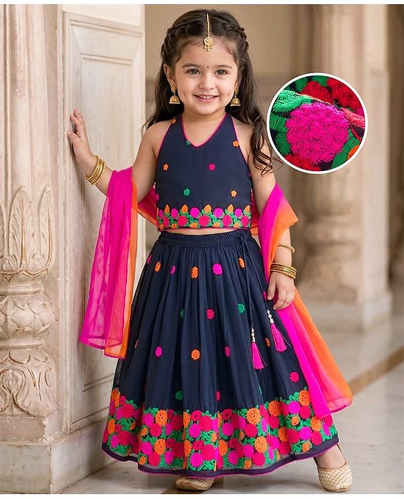 Babyhug Georgette Woven Sleeveless Choli Lehenga & Dupatta Set With Floral Embroidery - Navy Blue