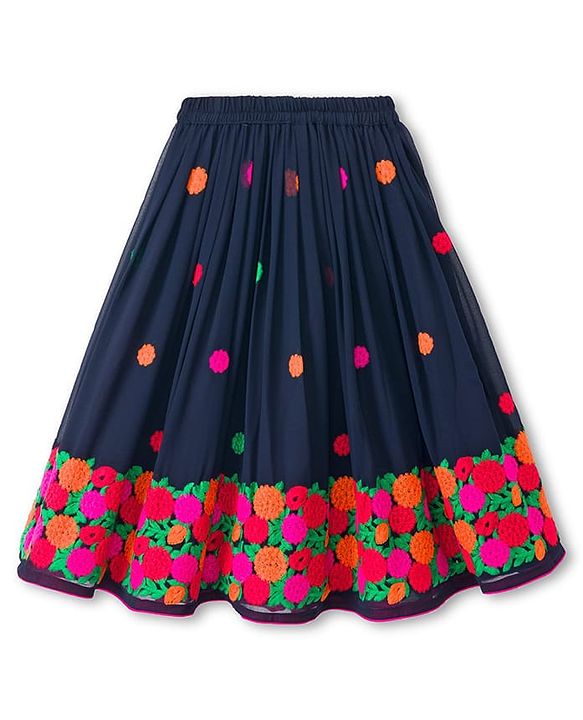 Babyhug Georgette Woven Sleeveless Choli Lehenga & Dupatta Set With Floral Embroidery - Navy Blue