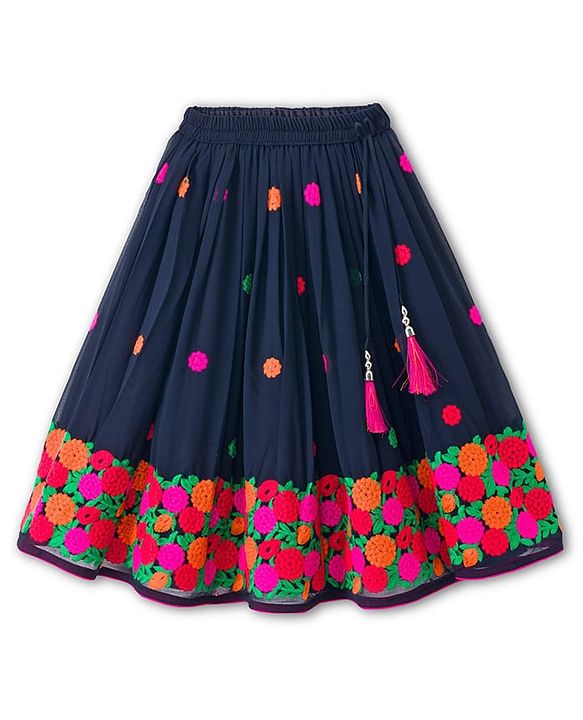 Babyhug Georgette Woven Sleeveless Choli Lehenga & Dupatta Set With Floral Embroidery - Navy Blue