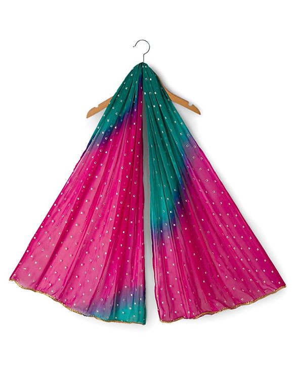 Babyhug Brocade Half Puffed Sleeves Choli Lehenga Set with Dupatta & Floral Foil Print - Teal Blue