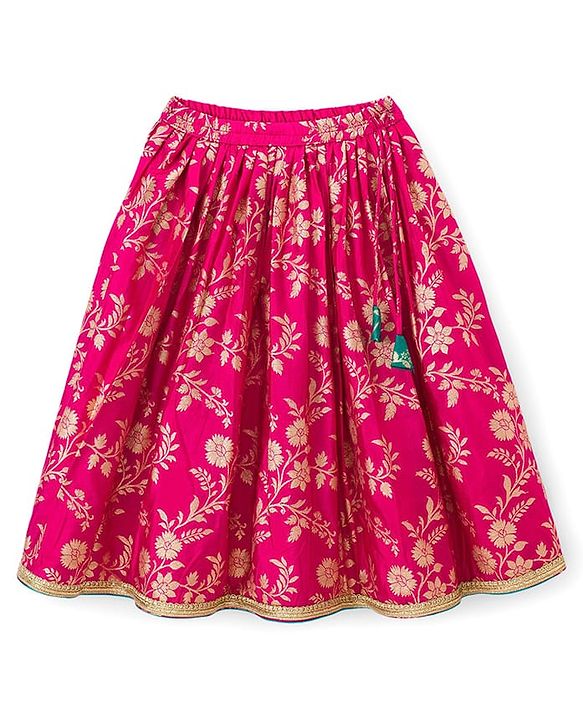 Babyhug Brocade Half Puffed Sleeves Choli Lehenga Set with Dupatta & Floral Foil Print - Teal Blue