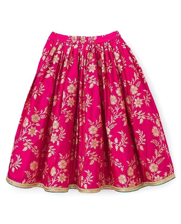 Babyhug Brocade Half Puffed Sleeves Choli Lehenga Set with Dupatta & Floral Foil Print - Teal Blue