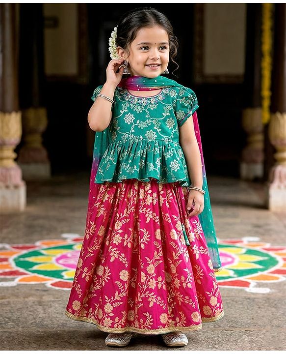 Babyhug Brocade Half Puffed Sleeves Choli Lehenga Set with Dupatta & Floral Foil Print - Teal Blue