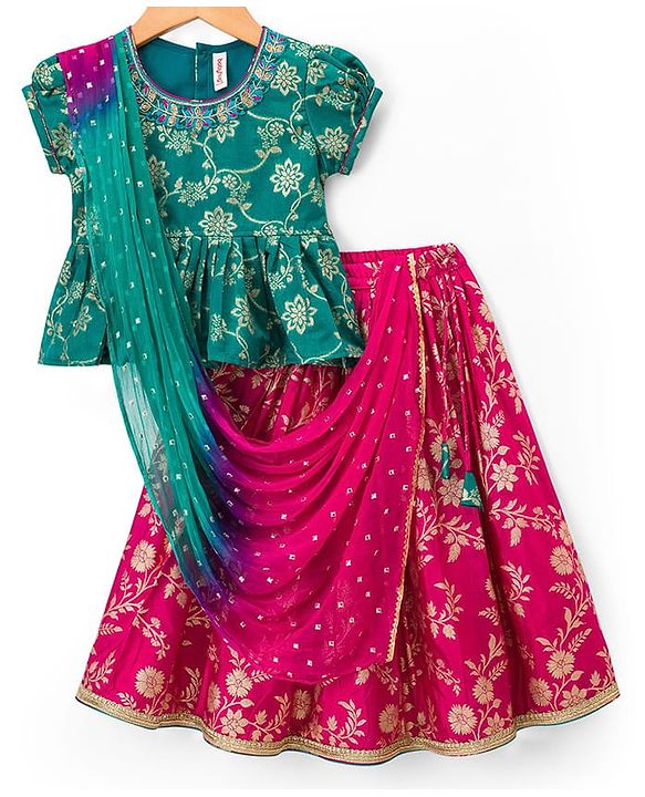 Babyhug Brocade Half Puffed Sleeves Choli Lehenga Set with Dupatta & Floral Foil Print - Teal Blue