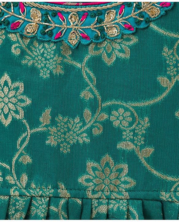 Babyhug Brocade Half Puffed Sleeves Choli Lehenga Set with Dupatta & Floral Foil Print - Teal Blue