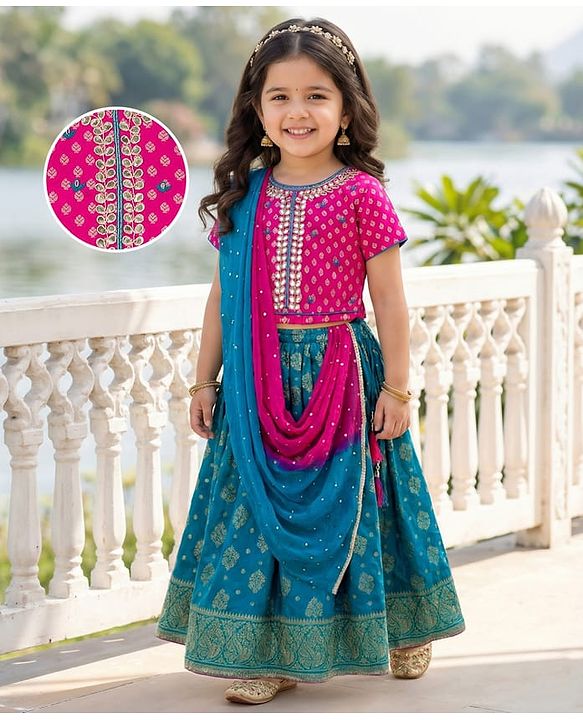 Babyhug Brocade Half Sleeves Embroidered Choli Lehenga Set with Dupatta - Pink & Blue