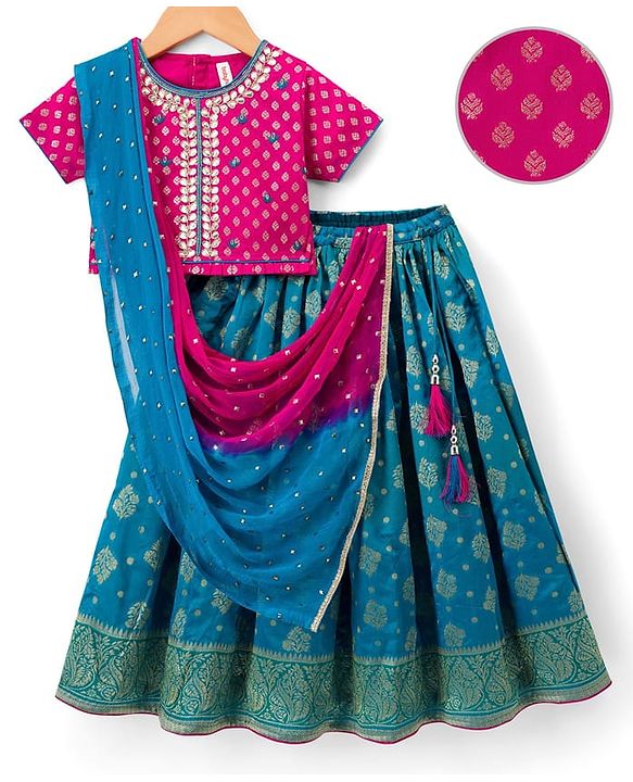 Babyhug Brocade Half Sleeves Embroidered Choli Lehenga Set with Dupatta - Pink & Blue