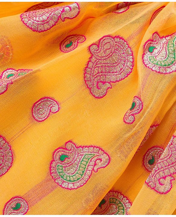 Babyhug Brocade Half Sleeves Embroidered Choli Lehenga Set with Dupatta & Sequin Detailing - Pink & Yellow
