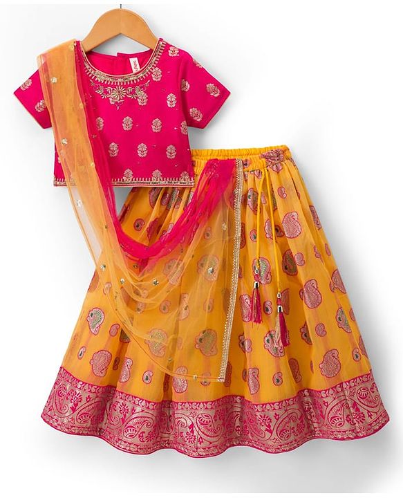 Babyhug Brocade Half Sleeves Embroidered Choli Lehenga Set with Dupatta & Sequin Detailing - Pink & Yellow
