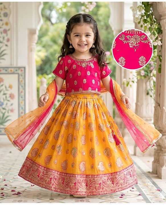 Babyhug Brocade Half Sleeves Embroidered Choli Lehenga Set with Dupatta & Sequin Detailing - Pink & Yellow
