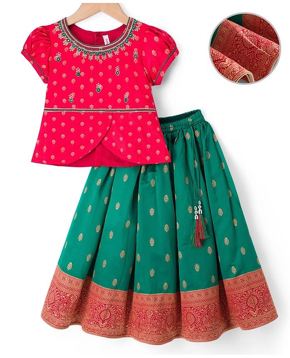 Babyhug Brocade Woven Half Sleeves Choli Lehenga Set With Floral Foil Print - Red & Green