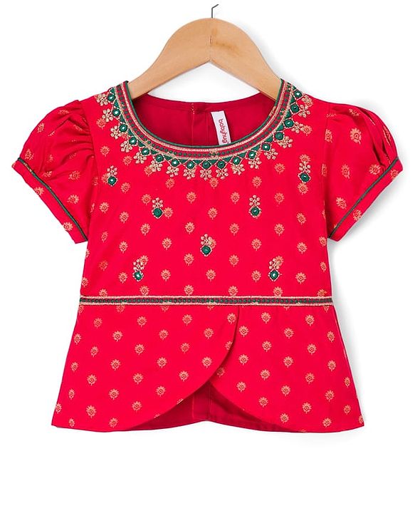 Babyhug Brocade Woven Half Sleeves Choli Lehenga Set With Floral Foil Print - Red & Green