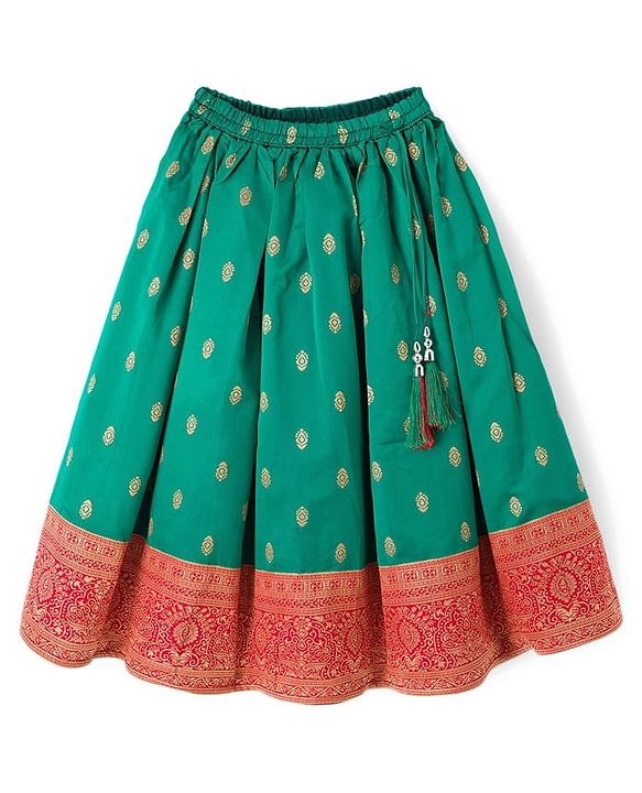 Babyhug Brocade Woven Half Sleeves Choli Lehenga Set With Floral Foil Print - Red & Green
