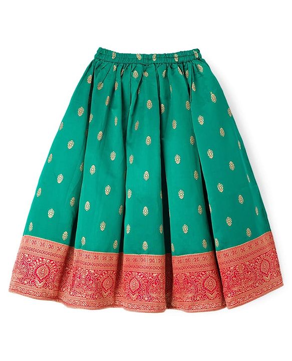 Babyhug Brocade Woven Half Sleeves Choli Lehenga Set With Floral Foil Print - Red & Green