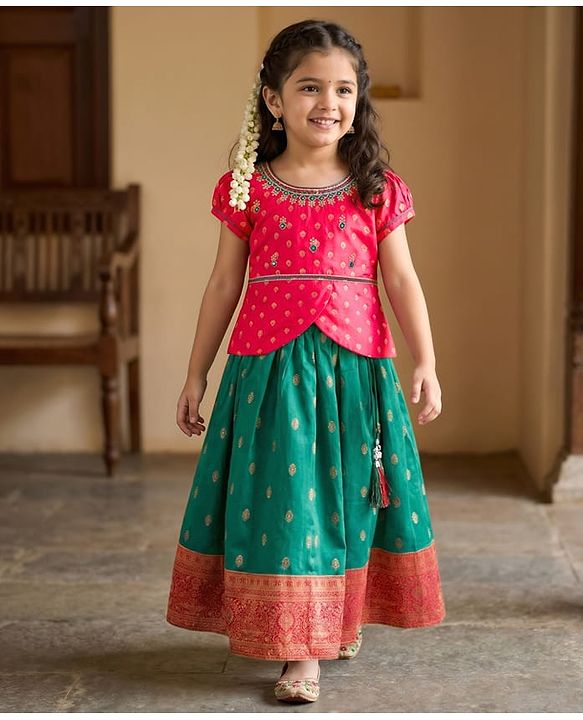 Babyhug Brocade Woven Half Sleeves Choli Lehenga Set With Floral Foil Print - Red & Green