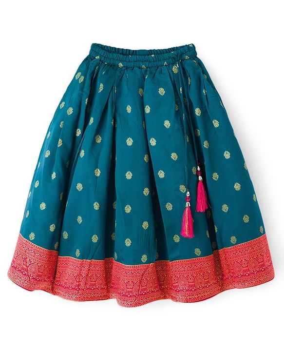 Babyhug Brocade Woven Full Sleeves Pattu Pavda Choli Lehenga Set With Floral Foil Print & Embriodery - Red & Green