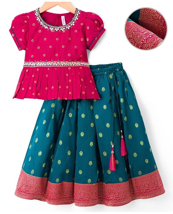 Babyhug Brocade Woven Full Sleeves Pattu Pavda Choli Lehenga Set With Floral Foil Print & Embriodery - Red & Green