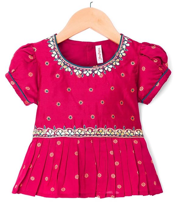 Babyhug Brocade Woven Full Sleeves Pattu Pavda Choli Lehenga Set With Floral Foil Print & Embriodery - Red & Green