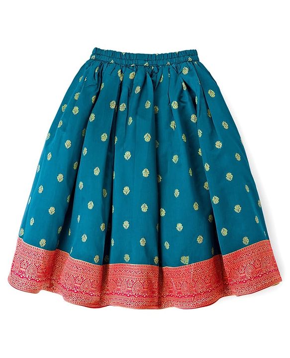 Babyhug Brocade Woven Full Sleeves Pattu Pavda Choli Lehenga Set With Floral Foil Print & Embriodery - Red & Green