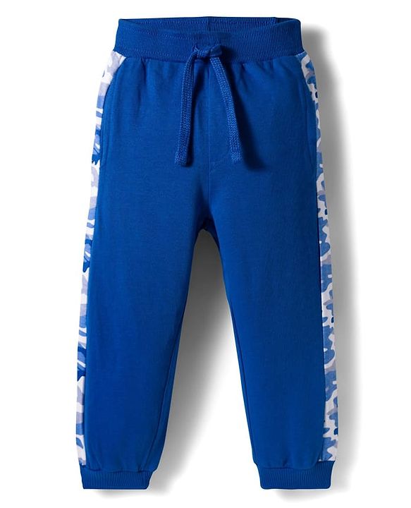 Babyhug Terry Knit Premium Light Gauge Terry Full Sleeves T-Shirt & Joggers Set with Camouflage & Keep Going Text Print - Navy Blue