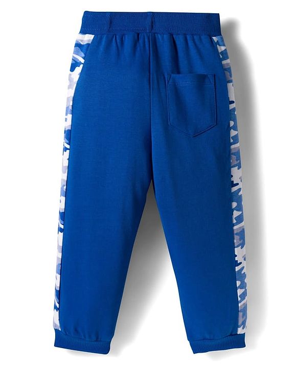 Babyhug Terry Knit Premium Light Gauge Terry Full Sleeves T-Shirt & Joggers Set with Camouflage & Keep Going Text Print - Navy Blue