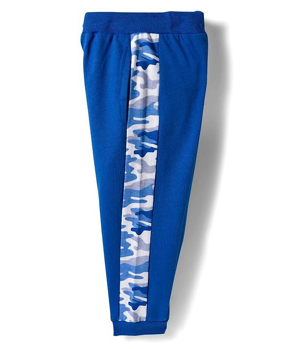Babyhug Terry Knit Premium Light Gauge Terry Full Sleeves T-Shirt & Joggers Set with Camouflage & Keep Going Text Print - Navy Blue