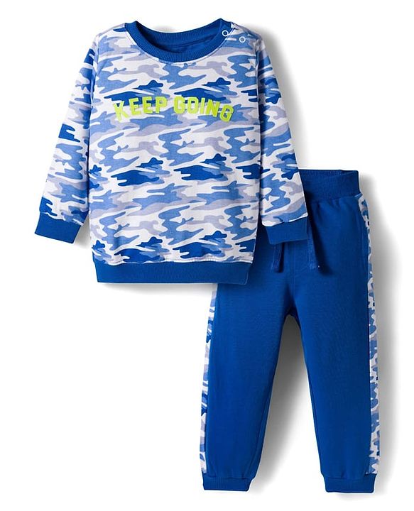 Babyhug Terry Knit Premium Light Gauge Terry Full Sleeves T-Shirt & Joggers Set with Camouflage & Keep Going Text Print - Navy Blue