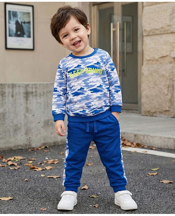 Babyhug Terry Knit Premium Light Gauge Terry Full Sleeves T-Shirt & Joggers Set with Camouflage & Keep Going Text Print - Navy Blue