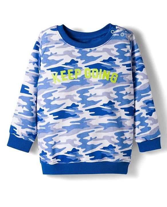 Babyhug Terry Knit Premium Light Gauge Terry Full Sleeves T-Shirt & Joggers Set with Camouflage & Keep Going Text Print - Navy Blue