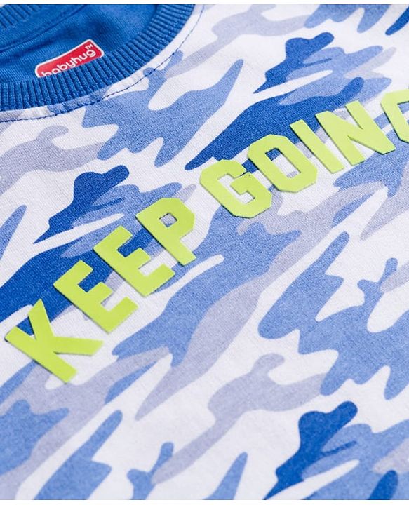 Babyhug Terry Knit Premium Light Gauge Terry Full Sleeves T-Shirt & Joggers Set with Camouflage & Keep Going Text Print - Navy Blue