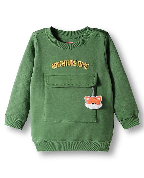 Babyhug Terry Knit Premium Light Gauge Terry Full Sleeves T-Shirt & Lounge Pant Set With Text Embroidery & Animal Applique - Green