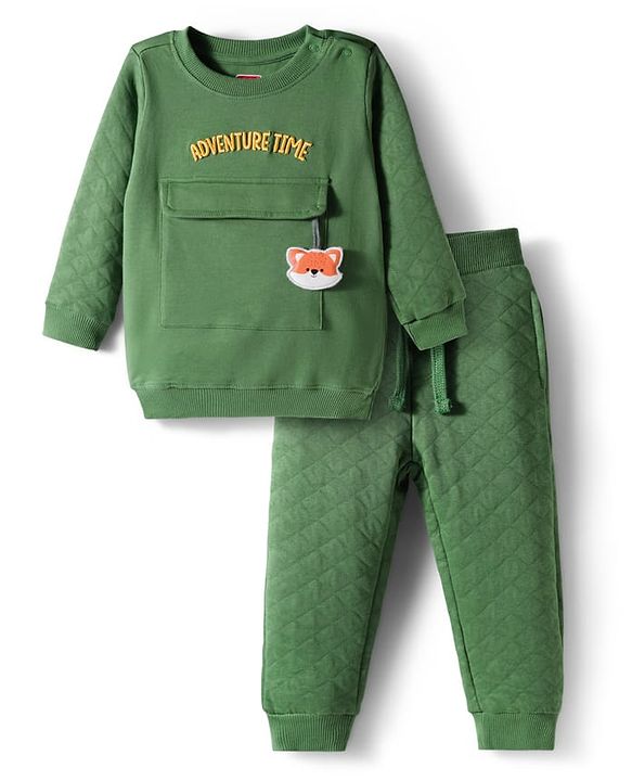 Babyhug Terry Knit Premium Light Gauge Terry Full Sleeves T-Shirt & Lounge Pant Set With Text Embroidery & Animal Applique - Green