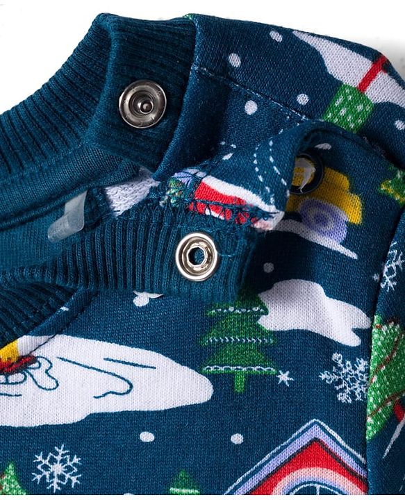 Babyhug Terry Knit Premium Light Gauge Terry Full Sleeves T-Shirt & Joggers Set With Snow Man Print - Teal Blue