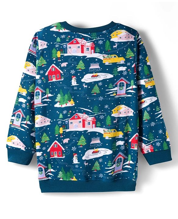 Babyhug Terry Knit Premium Light Gauge Terry Full Sleeves T-Shirt & Joggers Set With Snow Man Print - Teal Blue