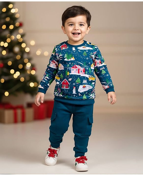 Babyhug Terry Knit Premium Light Gauge Terry Full Sleeves T-Shirt & Joggers Set With Snow Man Print - Teal Blue