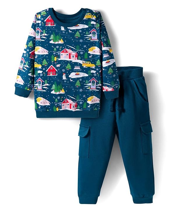 Babyhug Terry Knit Premium Light Gauge Terry Full Sleeves T-Shirt & Joggers Set With Snow Man Print - Teal Blue