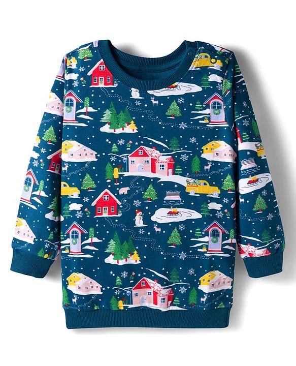 Babyhug Terry Knit Premium Light Gauge Terry Full Sleeves T-Shirt & Joggers Set With Snow Man Print - Teal Blue