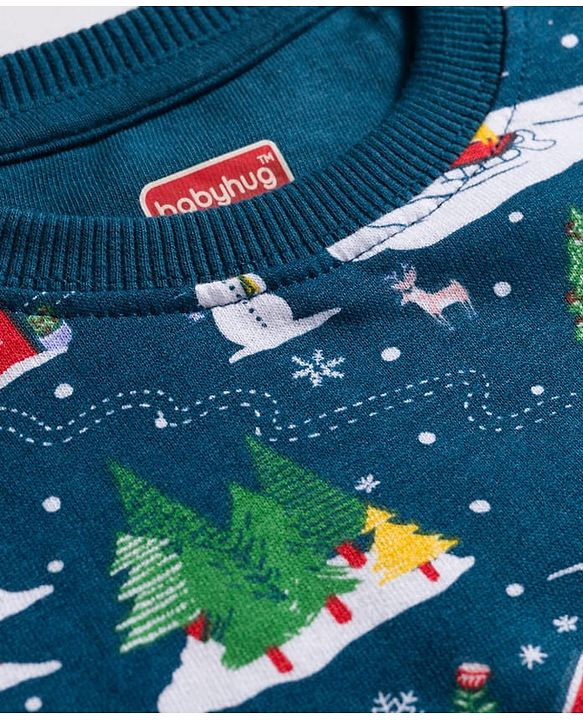 Babyhug Terry Knit Premium Light Gauge Terry Full Sleeves T-Shirt & Joggers Set With Snow Man Print - Teal Blue