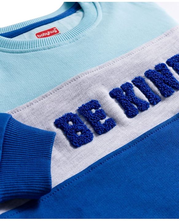 Babyhug Terry Knit Premium Light Gauge Terry Full Sleeves Text Printed T-Shirt & Lounge Pant Set With Cut & Sew Design - Blue