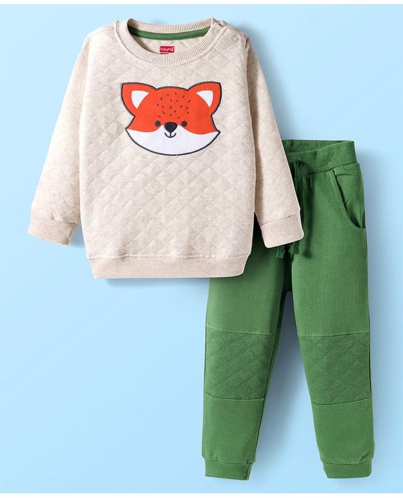 Babyhug Terry Knit Premium Light Gauge Terry Full Sleeves T-Shirt & Lounge Pant Set With Animal Print - Off White & Green