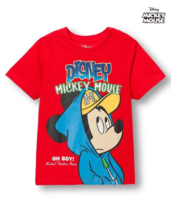 Pine Kids Disney Single Jersey Knit Drop Shoulder Half Sleeves Oversized T-Shirt With Mickey Mouse Graphics - Red